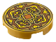 Part No: 14769pb726  Name: Tile, Round 2 x 2 with Bottom Stud Holder with Gold and Yellow 4 Petal Flower Design and Square on Dark Orange Background Pattern (Coin)