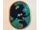 Part No: 65474pb03  Name: Tile, Round 6 x 8 Oval with Dark Blue Ariel Silhouette with Flower and Shell Bra, Gold Dots and Sparkles on Dark Turquoise Background Pattern