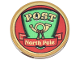 Part No: 67095pb080  Name: Tile, Round 3 x 3 with Sign with Bright Green Shield, Red Banner, Gold Mail Horn, 'POST' and 'North Pole' Pattern (Sticker) - Set 10339