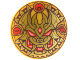 Part No: 75902pb30  Name: Minifigure, Shield Circular Convex Face with Gold and Dark Brown Dragon Face, Red and Coral Eyes, Mouth, and Symbols Pattern