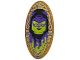 Part No: 92747pb16  Name: Minifigure, Shield Elliptical with Lime and Dark Purple Minifigure Head on Black Background with Flames and Ornate Border Pattern (Magic Mirror)