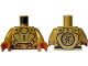 Part No: 973pb5698c01  Name: Torso Armor with Gold Plates, Black Outline, Lime Buttons and Dark Orange Highlights, Medium Brown Circle with Ninjago Logogram 'T OF S' on Back Pattern / Pearl Gold Arms / Dark Orange Hands