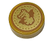 Part No: 98138pb380  Name: Tile, Round 1 x 1 with Dark Orange Dragon and Dotted Circle on Gold Background Pattern (HP Unum Galleon)