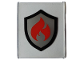Part No: 42509pb08  Name: Glass for Window 1 x 6 x 6 Flat Front  with Black and Silver Fire Logo Badge with Red Flames Pattern