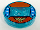 Part No: 18605c01pb19  Name: Dimensions Toy Tag 4 x 4 x 2/3 with 2 Studs and Trans-Light Blue Bottom with Stylized Gold 'WW' Logo on Red Background, White Stars on Blue Background Pattern (Wonder Woman)
