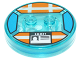 Part No: 18605c01pb29  Name: Dimensions Toy Tag 4 x 4 x 2/3 with 2 Studs and Trans-Light Blue Bottom with Silver Stripes and White 'EMMET' ID Badge on Orange Background Pattern (Emmet)