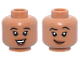 Part No: 3626pb3835  Name: Minifigure, Head Dual Sided Child Female Black Eyebrows, Single Eyelashes, Dark Orange Lips, Open Mouth Smile with Top Teeth and Coral Tongue / Lopsided Grin and Raised Eyebrow Left Pattern