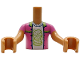Part No: FTBpb134c01  Name: Torso Mini Doll Boy Dark Pink Jacket Open with Lime Collar and Trim over White Shirt with Hamburger with Face Pattern, Medium Nougat Arms with Hands with Dark Pink Short Sleeves