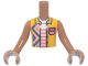 Part No: FTBpb155c01  Name: Torso Mini Doll Boy Bright Light Orange Sleeveless Shirt Open with Geometric Diamonds over White and Coral Striped Shirt  Pattern, Medium Nougat Arms with Hands