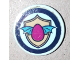 Part No: 14769pb360  Name: Tile, Round 2 x 2 with Bottom Stud Holder with Winged Magenta Egg and Tan Shield on Light Aqua Background with Dark Blue Border Pattern (Sticker) - Set 41173