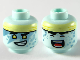 Part No: 3626pb2550  Name: Minifigure, Head Dual Sided Alien with Bright Light Yellow Headband, Black Eyebrows, Yellow Eyes, Metallic Light Blue Face Paint Triangles, Lopsided Open Mouth Smile with Teeth / Closed Eyes and Singing Pattern