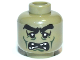 Part No: 3626pb0772  Name: Minifigure, Head Alien Monster with Black Thick Eyebrows, Large Upper Eyelids, Dark Green Cheek Lines, Chin Dimple and Wrinkles, Open Mouth with Scattered Teeth Parted Pattern
