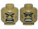 Part No: 3626pb2221  Name: Minifigure, Head Dual Sided Alien with Black Bushy Eyebrows, Lower Eyelids, Dark Green Cheek Lines, Chin Crease, and Wrinkles, Furrowed Brow, Angry Open Mouth with Teeth Parted / Bared Teeth Pattern