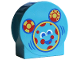Part No: 14222pb032  Name: Duplo, Brick 1 x 2 x 2 Round Top, Cut Away Sides with Mouse Face, Red and Yellow Circles, Blue and White Eyes and Mouth Pattern