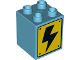 Part No: 31110pb134  Name: Duplo, Brick 2 x 2 x 2 with High Voltage Black Lightning Bolt on Yellow Sign Pattern