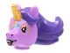 Part No: 70751pb02  Name: Minifigure, Head, Modified Unicorn with Molded Dark Purple Mane and Printed Gold Horn, Freckles, and Dark Turquoise and Coral Lightning Bolts Pattern