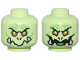 Part No: 3626pb3632  Name: Minifigure, Head Dual Sided Alien with Orange Eyes, Nostrils, Bright Green Markings, White Bottom Fangs, Angry / Evil Open Mouth Smile with Tongue Pattern