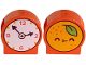Part No: 14222pb034  Name: Duplo, Brick 1 x 2 x 2 Round Top, Cut Away Sides with White Clock Face, Dark Brown Hands, Bright Light Orange Fruit Face on Back with Lime Leave Pattern