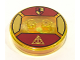 Part No: 18605c02pb08  Name: Dimensions Toy Tag 4 x 4 x 2/3 with 2 Studs and Trans-Orange Bottom with Hogwarts Gryffindor Crest and Gold Deathly Hallows Symbol on Dark Red Background Pattern (Hermione Granger)
