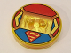 Part No: 18605c02pb20  Name: Dimensions Toy Tag 4 x 4 x 2/3 with 2 Studs and Trans-Orange Bottom with Superman 'S' Logo on Blue Background and Blue, Red, and Yellow Sides Pattern (Supergirl)