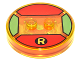 Part No: 18605c02pb23  Name: Dimensions Toy Tag 4 x 4 x 2/3 with 2 Studs and Trans-Orange Bottom with Yellow Capital Letter R in Black Circle on Red Background Pattern (Robin)