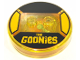 Part No: 18605c02pb25  Name: Dimensions Toy Tag 4 x 4 x 2/3 with 2 Studs and Trans-Orange Bottom with Bright Light Orange 'THe GOONieS' on Black Background Pattern (Sloth)