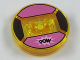 Part No: 18605c02pb27  Name: Dimensions Toy Tag 4 x 4 x 2/3 with 2 Studs and Trans-Orange Bottom with Black 'POW' in Bright Pink Starburst on Dark Pink Background Pattern (Blossom)