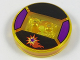 Part No: 18605c02pb31  Name: Dimensions Toy Tag 4 x 4 x 2/3 with 2 Studs and Trans-Orange Bottom with Dark Purple, Red, and Yellow Flaming Star on Black Background Pattern (Starfire)