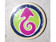 Part No: 14769pb358  Name: Tile, Round 2 x 2 with Bottom Stud Holder with Magenta Arrow on Lime Background with Dark Blue Border Pattern (Sticker) - Set 41173