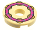 Part No: 15535pb08  Name: Tile, Round 2 x 2 with Hole with Magenta Ring with Dark Azure Filigree and Gold Jingles Pattern (Musical Instrument, Tambourine)