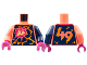 Part No: 973pb4773c01  Name: Torso Lego Sport Mountains Logo, Orange Lava Cracks in Black Rock, '49' on Back Pattern / Dark Blue Arm Left / Coral Arm Right / Magenta Hands