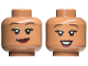 Part No: 3626cpb3304  Name: Minifigure, Head Dual Sided Female Dark Brown Eyebrows, Gold Eye Shadow, Dark Red Lips, Smirk / Open Mouth Smile with Teeth Pattern - Hollow Stud