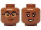Part No: 3626pb3734  Name: Minifigure, Head Dual Sided Female Black Eyebrows, Dark Brown Eyes and Eyelashes, Nougat Glasses, Dark Orange Lips, Lopsided Grin / Black Eyelashes, Open Mouth Smile with Teeth, No Glasses Pattern