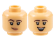 Part No: 3626cpb3171  Name: Minifigure, Head Dual Sided Female Dark Brown Eyebrows Thick, Black Eyelashes, Nougat Lips, Lopsided Grin / Open Mouth Smile with Top Teeth Pattern - Hollow Stud