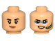 Part No: 3626pb3147  Name: Minifigure, Head Dual Sided Female Black Eyebrows, Medium Nougat Lips, and Smile / Metallic Light Blue Face Paint and Olive Green Headset Pattern