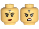 Part No: 3626pb3471  Name: Minifigure, Head Dual Sided Female Black Eyebrows, Single Eyelashes, Dark Bluish Gray Forehead Tattoo, Dark Red Lips, Neutral / Open Mouth Scowl with Teeth Pattern