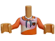 Part No: FTBpb142c01  Name: Torso Mini Doll Boy Coral Hoodie, Bright Pink and White Panels, Dark Orange Cat Head Badge Pattern, Medium Tan Arms with Hands with Coral Long Sleeves