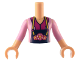 Part No: FTGpb385c01  Name: Torso Mini Doll Girl Bright Pink Top over Magenta Shirt, Dark Blue Apron with Flowers Pattern, Medium Tan Arms with Hands with Bright Pink Sleeves