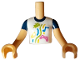 Part No: FTGpb429c01  Name: Torso Mini Doll Girl White Shirt with Dark Blue Collar, Dark Pink Video Game Controller, Blue Musical Note, Lime Leaf, Yellow Lemon Slice, Wavy Lines Pattern, Medium Tan Arms with Hands with Dark Blue Short Sleeves