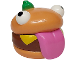Part No: 105651pb01  Name: Minifigure, Head, Modified Burger with Molded Reddish Brown Patty, Dark Pink Tongue and White Eyes and Printed Black Pupils, Yellow Cheese Slice and Bright Green Olive Pattern