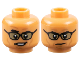 Part No: 3626pb2350  Name: Minifigure, Head Dual Sided Black Thick Eyebrows, Glasses with Dark Tan Lenses, Medium Nougat Cheek Lines, Chin Dimple, and Wrinkles, Lopsided Open Mouth Smirk with Teeth / Stern Pattern