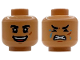 Part No: 3626pb3953  Name: Minifigure, Head Dual Sided Black Thick Eyebrows, Dark Orange Scar, Red Tongue, Open Mouth Smile / Scared with Medium Azure Sweat Drops Pattern
