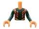 Part No: FTBpb074c01  Name: Torso Mini Doll Boy Dark Red Vest with Gold Trim, Dark Green Shirt Pattern, Nougat Arms with Hands with Dark Green Long Sleeves
