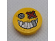 Part No: 14769pb333  Name: Tile, Round 2 x 2 with Bottom Stud Holder with Smile Face, Metal Plate Eyes, Teeth and Red Bandage Pattern (Sticker) - Set 75977