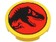 Part No: 14769pb614  Name: Tile, Round 2 x 2 with Bottom Stud Holder with Black Dinosaur on Red Background (Jurassic Park Logo) Pattern