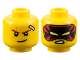 Part No: 28621pb0046  Name: Minifigure, Head Dual Sided Reddish Brown Eyebrows, Scar, Bandage, Lopsided Grin / Black and Red Mask with Bright Light Yellow Eyes, Scowl Pattern - Vented Stud