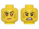 Part No: 28621pb0048  Name: Minifigure, Head Dual Sided Female Gold Stripes Face Paint, Coral Lips and Eye Shadow, Orange Eyes, Lopsided Grin / Bared Teeth Pattern - Vented Stud