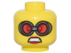 Part No: 28621pb0050  Name: Minifigure, Head Female Goggles with Silver Frames and Red Lenses, Red Lips and Open Mouth Scowl Pattern - Vented Stud
