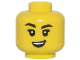 Part No: 28621pb0057  Name: Minifigure, Head Female, Black Eyebrows One Raised, White Pupils, and Open Mouth Crooked Smile Pattern - Vented Stud
