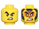 Part No: 28621pb0075  Name: Minifigure, Head Dual Sided Thick Black Eyebrows, Open Mouth Scowl / Orange Face, Black and Dark Bluish Gray Fur, and Gold Eyes Pattern - Vented Stud